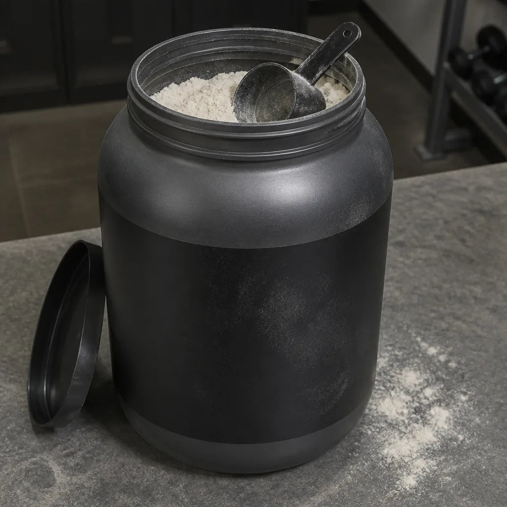 A generic grey gym tub of chalky creatine with a black scoop